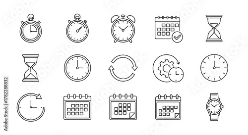 Collection of thin line icons representing time management and scheduling, including stopwatch, alarm clock, calendar with checkmark, hourglass, circular arrows, gear with clock, analog clock, and