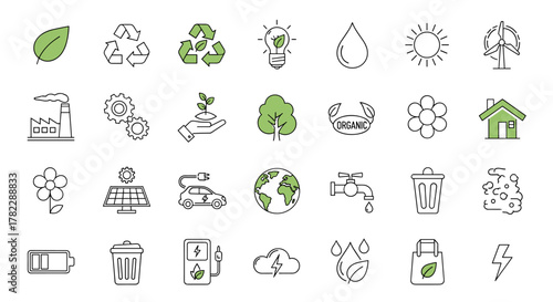 Vibrant set of thin line icons representing sustainability, environmental protection, ecological balance, recycling, green energy, organic products, and industry. This collection features simple