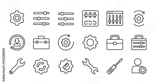 Set of outline vector icons representing general settings, gears, sliders, control panels, toolboxes, wrenches, screwdrivers, system updates, and user preferences, symbolizing configuration