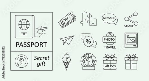 A collection of travel and leisure-themed line icons, featuring a passport with an airplane, flight tickets, puzzle pieces, a message bubble, a share icon, a paper airplane, discount tags, a photo
