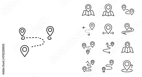 Vector set of route optimization line icons, showcasing route icons between two points with dotted paths, location pins, and ordered line icons, representing navigation and travel planning with
