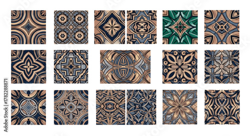 A curated collection of 16 abstract luxury geometric patterns, presented as vector cartoon illustrations on a clean white background, featuring intricate designs and a sophisticated color palette of