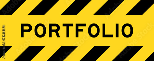 Yellow and black color with line striped label banner with word portfolio