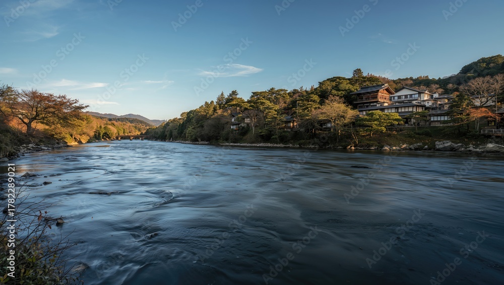 Obraz premium Kamo River flowing through a serene landscape, seasonal change