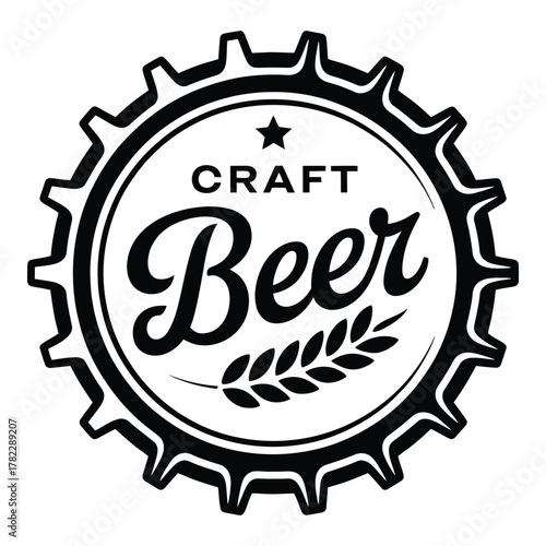 Craft beer design element with bottle cap and barley graphic in black