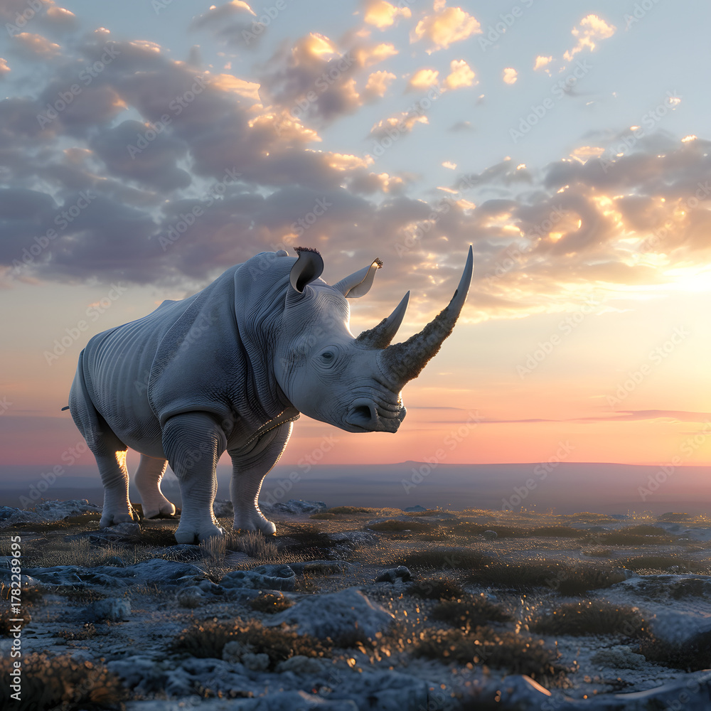 Fototapeta premium Majestic Rhino Standing Tall Against a Vibrant Sunset Sky.