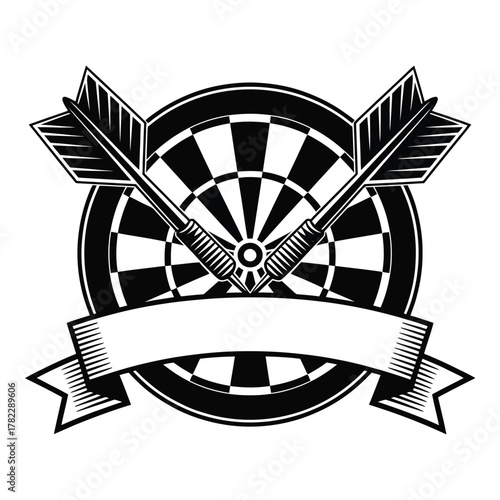 Dartboard with arrows and ribbon vector graphic in black and white