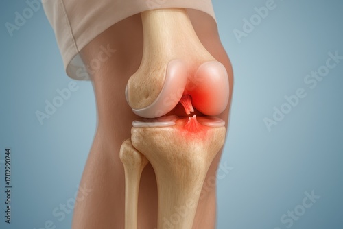 3D medical anatomical close-up view of knee showing ACL tear with two separated ligament ends and red halo around rupture, realistic visualization of anterior cruciate injury and joint instability