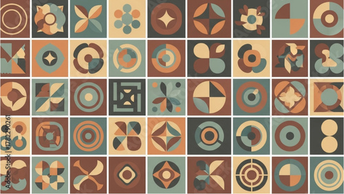 Seamless Pattern of Geometric and Floral Motifs in Retro Color Palette