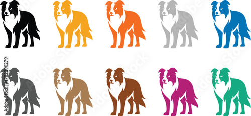 Colorful border collie dog silhouettes on white background, Multicolor dog poses vector illustration