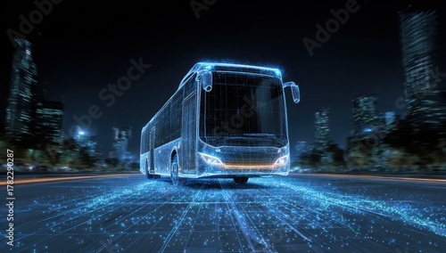 Vibrant photo of a futuristic bus driving down the road in a digital city at night