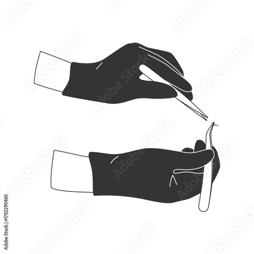 Line woman lashmaker hands in black gloves holding tweezers for eyelash extensions. Vector outline artificial lashes, equipment for salon beauty procedure. Professional tweezing by master on the white