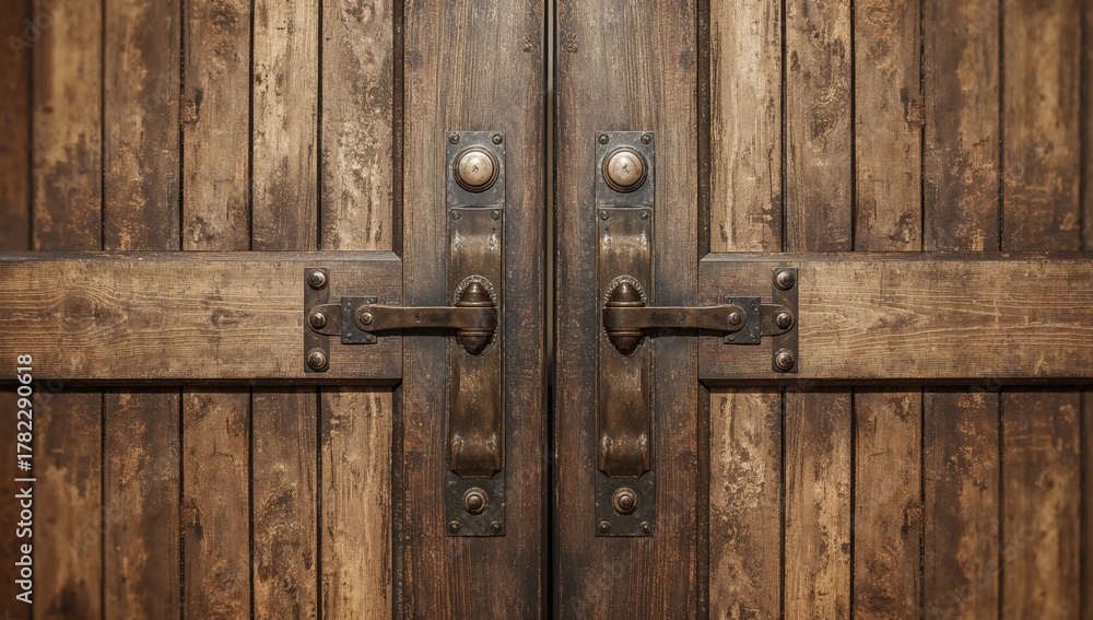 Fototapeta premium Close-up view of an aged wooden double barn door featuring metal handles and bolts, emphasizing rustic charm and durability