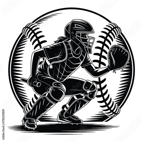 Intricate Baseball Catcher Design in Black and White Vector Art