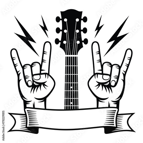 Rock and Roll Guitar with Devil Horn Hand Gestures and Banner Art
