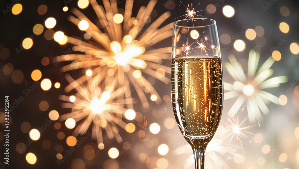 Obraz premium Single champagne glass with fireworks in background