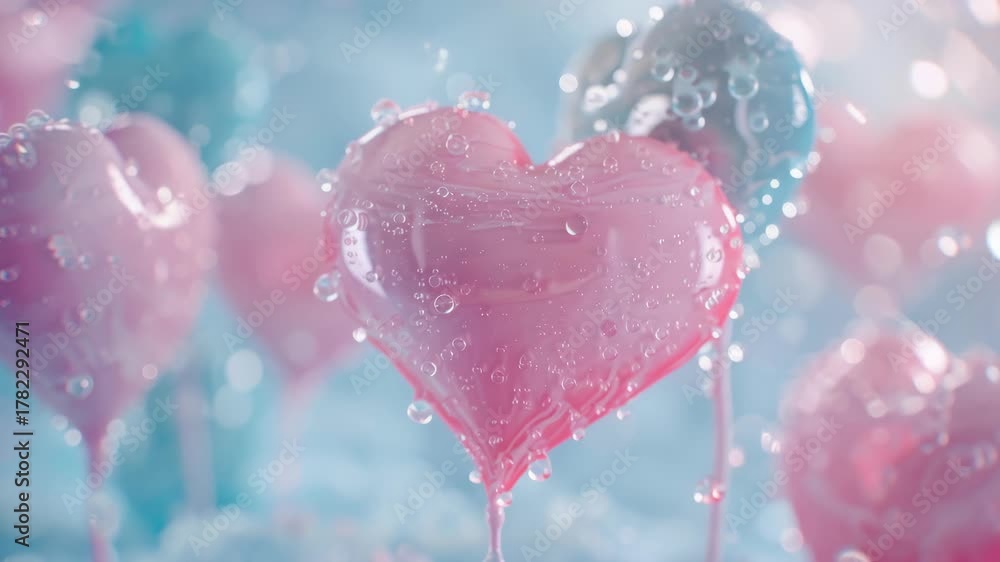 A pink heart is surrounded by other pink hearts. The heart is covered in a layer of frosting