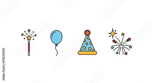 A collection of simple, linear, and vivid illustrations representing celebration elements, including a magic wand with stars, a floating blue balloon, a festive holiday hat adorned with polka dots