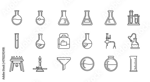 Collection of Laboratory Flask Related Line Icons: Outline Signs for Graphic and Web Design, Apps, Advertisements, Various Cards, Vector Cartoon Illustration. This set includes beakers, test tubes