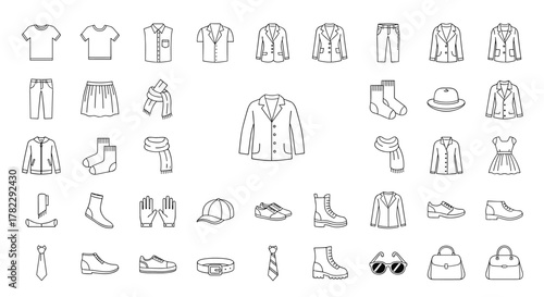 Collection of dress signs drawn with thin line for apps, websites, banners, infographics, and other types of design. Vector cartoon illustration with a white background. A comprehensive set of