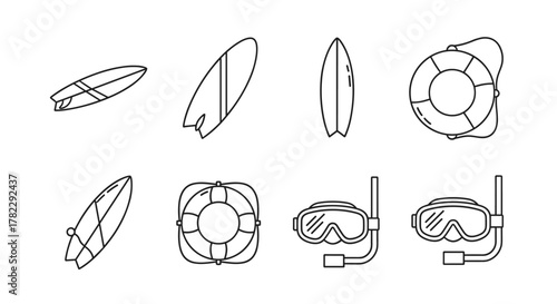 Collection of minimalistic line icons representing essential water sports and safety equipment, including surfboards in various angles, lifelines for rescue, and diving masks with snorkels, perfect