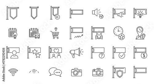 Collection of Street Banner Related Line Icons, Outline Signs for Graphic and Web Design, Apps, Adverts, Various Cards, Vector Cartoon Illustration with Calendar, Shopping Cart, Location, Megaphone