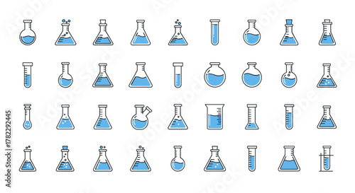 Collection of filled color icons of light blue lab flasks and test tubes, featuring minimalistic linear pictograms suitable for web and graphic design, apps, banners, social networks, and scientific