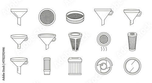 Collection of outline signs representing various filters and sieves, including funnels, mesh strainers, and cylindrical filters, all rendered with thin lines on a white background, perfect for