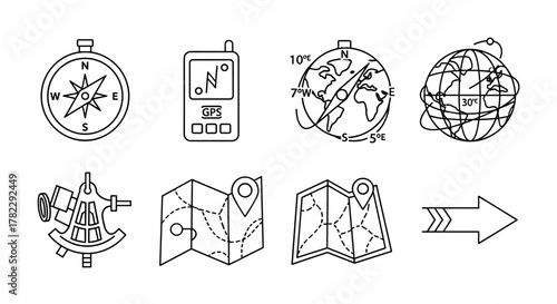 Collection of minimalistic linear outline icons representing navigation and travel essentials, including a compass, GPS device, globes with latitude and longitude lines, a sextant, folded maps with