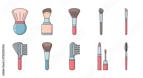 Collection of ten minimalistic vector cartoon illustrations of cosmetic brushes and makeup tools, including powder brushes, eyeshadow brushes, lip gloss, and mascara wands, set against a clean white