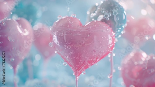 A pink heart is surrounded by other pink hearts. The heart is covered in a layer of frosting