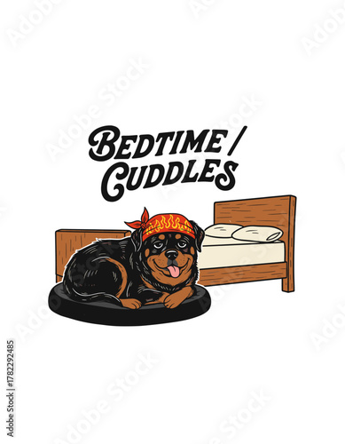 Bedtime Cuddles. Cute rottweiler dog vector t-shirt print design. Funny dog lover illustration for t shirt print, poster, sticker, background and other uses.