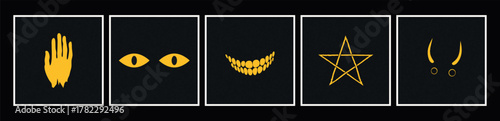 Mystic horror posters set. The Watcher’s Signs. A minimalist set of 5 occult symbols in bright yellow on textured black background