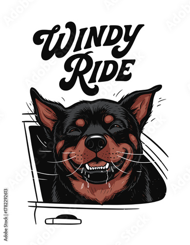 Windy Ride. Cute rottweiler dog enjoying car window breeze. Funny vector t-shirt print design for apparel, poster, sticker, background and other uses.