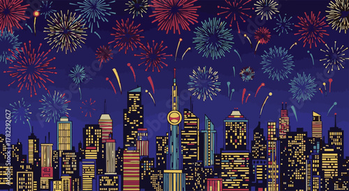 Night sky ablaze with colorful fireworks above a glowing metropolis, celebrating a special occasion