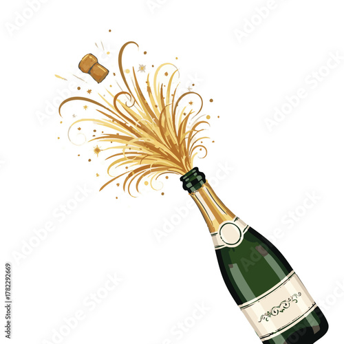Festive champagne bottle popping open with a flying cork and golden sparkling splash, symbolizing celebration and joyous moments