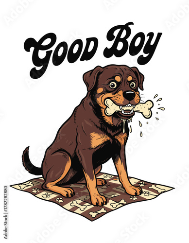 Good Boy. Drooling rottweiler dog sitting on bone pattern mat with big chew bone in mouth vector t-shirt print design. Funny dog lover illustration for t shirt print, poster, sticker, background and o