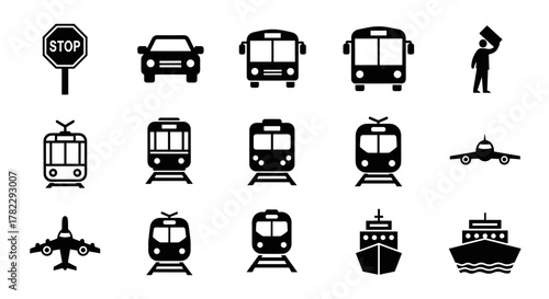 Diverse collection of transportation icons in silhouette, featuring a stop sign, car, bus, tram, train, metro, airplane, and ship, representing various modes of public and private transit for travel