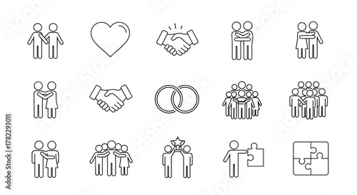 Collection of friendship and partnership icons, symbolizing togetherness, embrace, and connection. Includes handshake, heart, wedding rings, and group figures, representing unity and support. Clean