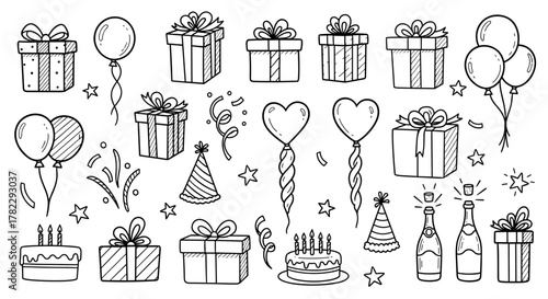 Hand-drawn doodle icons set of gift boxes, balloons, and party elements for celebration and design. A collection of festive symbols including wrapped presents, flying balloons, birthday cakes, party