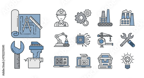 Modern thin line vector illustration set of engineering and manufacturing icons, including blueprint, engineer, factory, robotic arm, CPU, crane, tools, laptop, and lightbulb, representing innovation