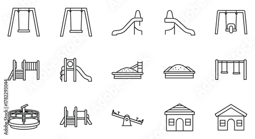 Collection of thin line icons representing various playground equipment, including swings, slides, sandboxes, merry-go-rounds, and climbing structures, presented as vector elements on a clean white