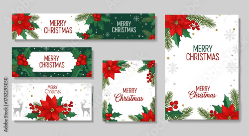 Set of Merry Christmas greeting cards and banners featuring hand-drawn poinsettia flowers, holly berries, fir branches, snowflakes, and deer, embodying a modern and beautiful Xmas design perfect for