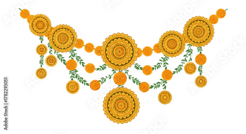 Vibrant Marigold Mandala Garland Decoration for Traditional Indian Festivals like Dussehra, Diwali, Deepavali, Durga Puja, Celebrations, Weddings, and Floral Arrangements on a White Background