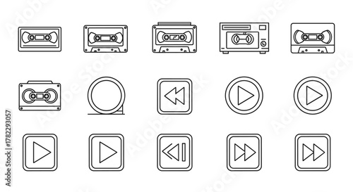 Retro audio cassette tape line icons, including playback controls like play, rewind, and fast forward, presented as a clean and modern vector graphic set on a white background, perfect for vintage