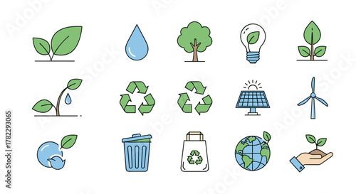 Vibrant flat icon set representing ecology and nature, featuring elements like sprouting plants, water drops, trees, recycling symbols, a lightbulb with a leaf, solar panels, wind turbines, a globe