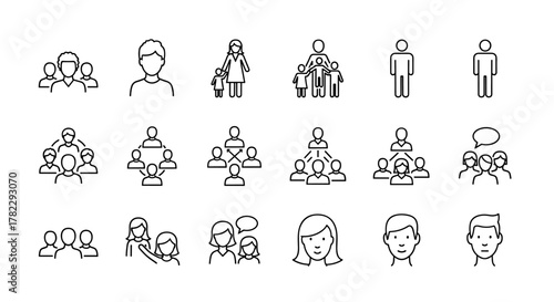Diverse People Icon Set: Representing Groups, Families, Teams, Communities, Friends, and Individual Characters with Various Line Art Styles, Including Faces and Communication Symbols for Modern