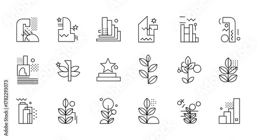 Abstract geometric shapes in brutalist and memphis style, featuring minimalist basic figures, simple stars, stylized plants, lines, and circles, representing modern design trends and artistic