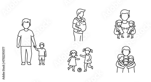 Father and child line icon set, depicting dad with son, daughters, and baby, symbolizing fatherhood, parenting, and family life with clean vector outline symbols, perfect for representing paternal