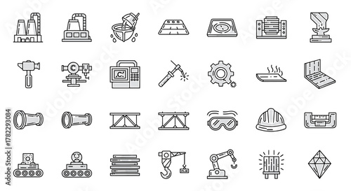 Set of linear icons representing metallurgy and metal production industry, including steel products, machining, fabrication, and related industrial processes. Editable stroke line art for modern